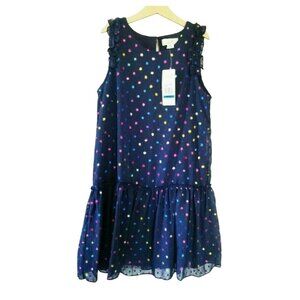 NEW Peek Holiday Dress Metallic Multicolor Dot Tulle Navy Chiffon Leighton Sleev